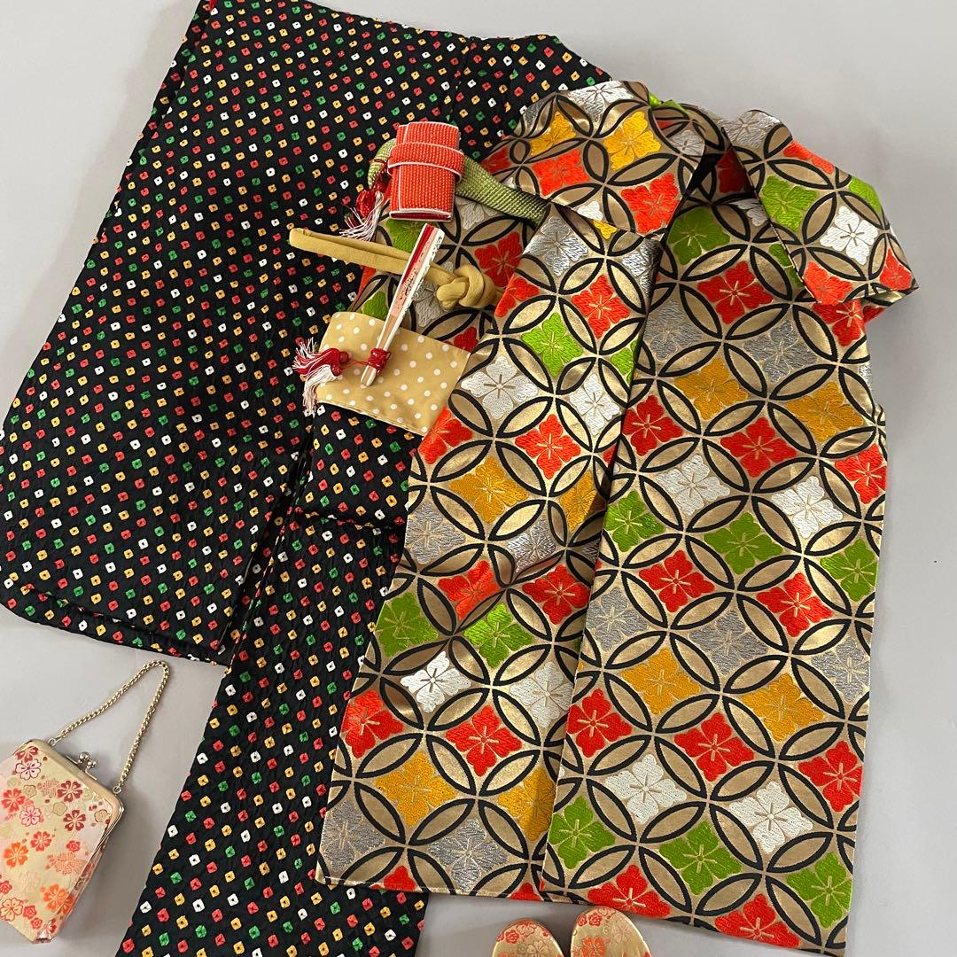 七五三　7歳　8歳　ハーフ成人式　正絹　総絞りのお着物セット　ダラリ帯コーデ