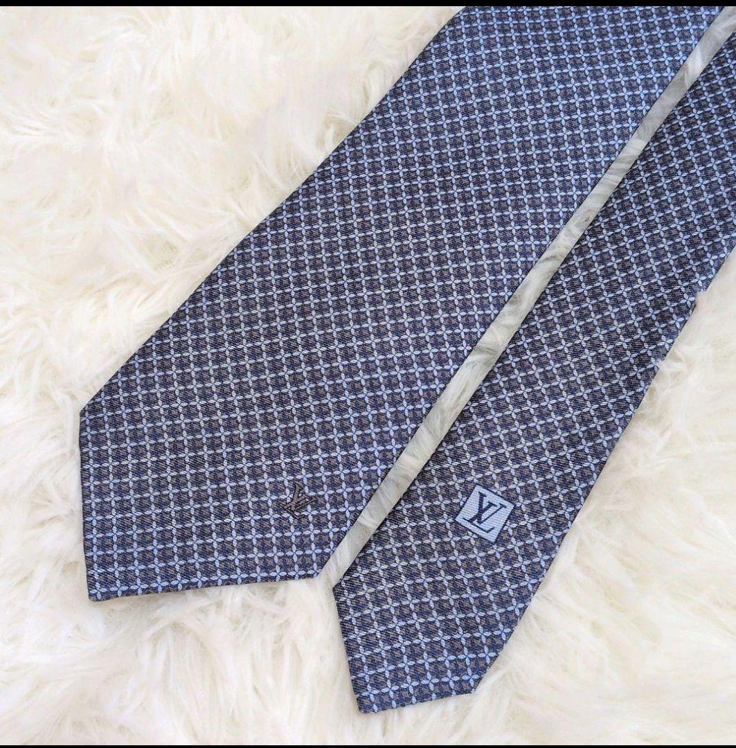 未使用美品✨ルイヴィトン ネクタイ ロゴ モノグラム チェック ブルー