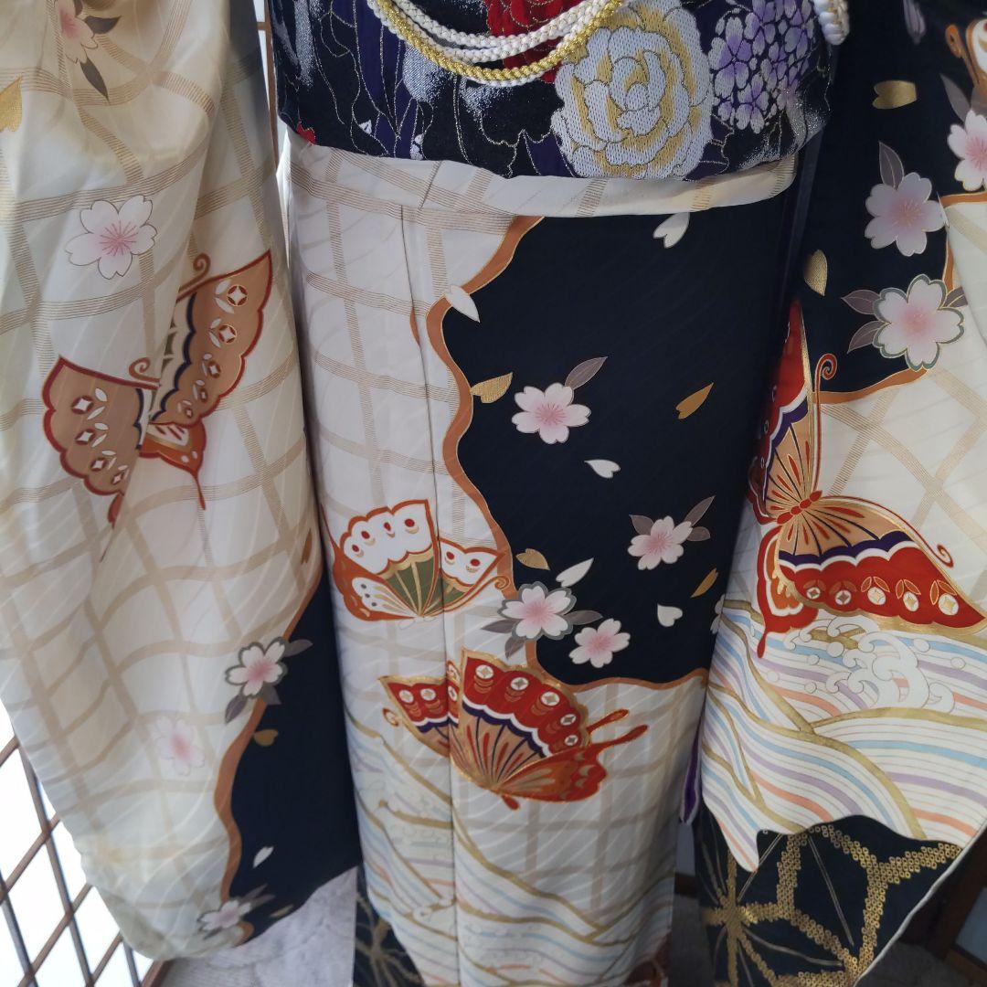 405白地レトロモダン　舞蝶桜　正絹振袖7点フルセット成人式卒式謝恩会