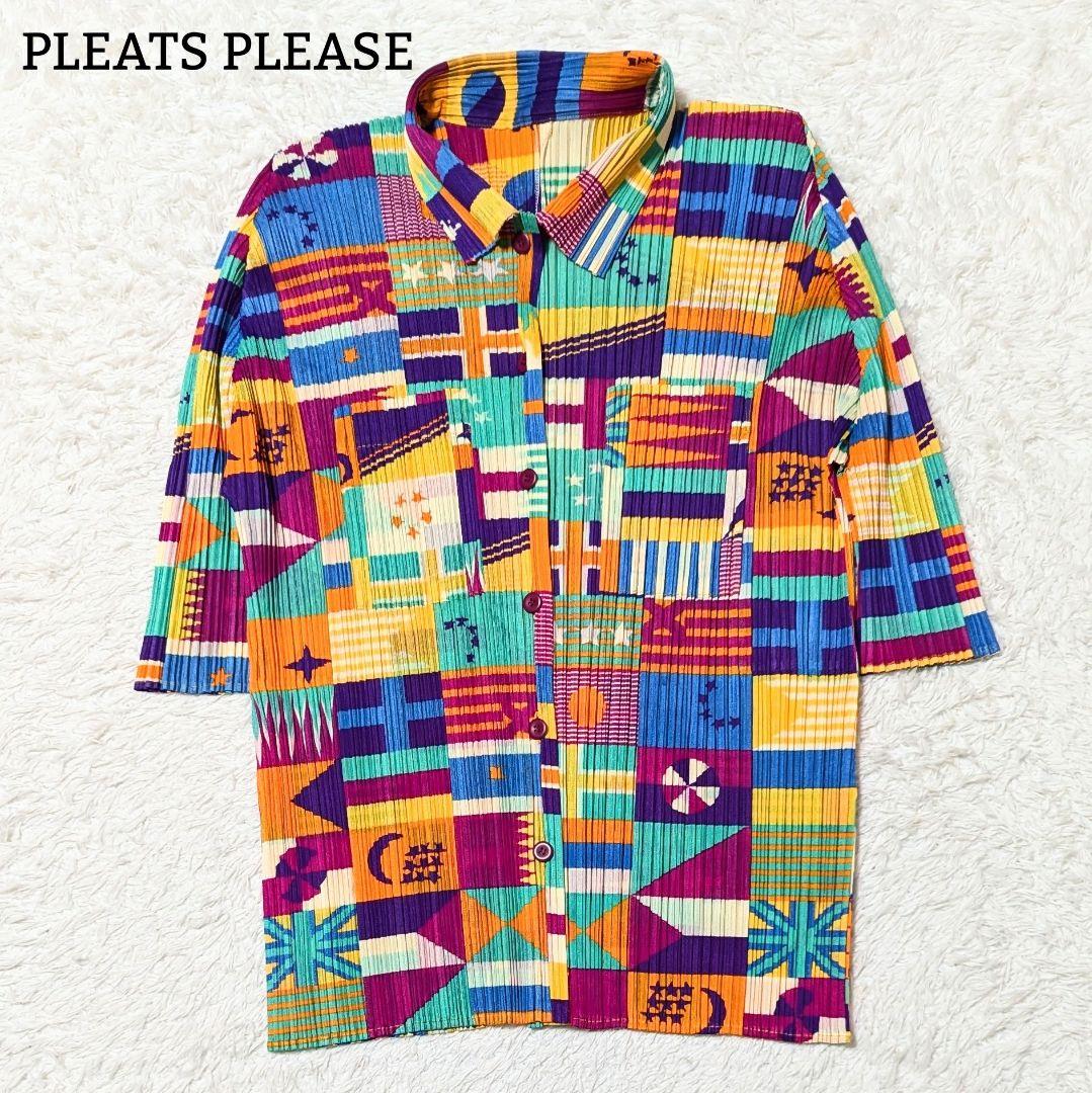 プリーツプリーズ 国旗 半袖ブラウス カットソー 洗える LL マルチカラー