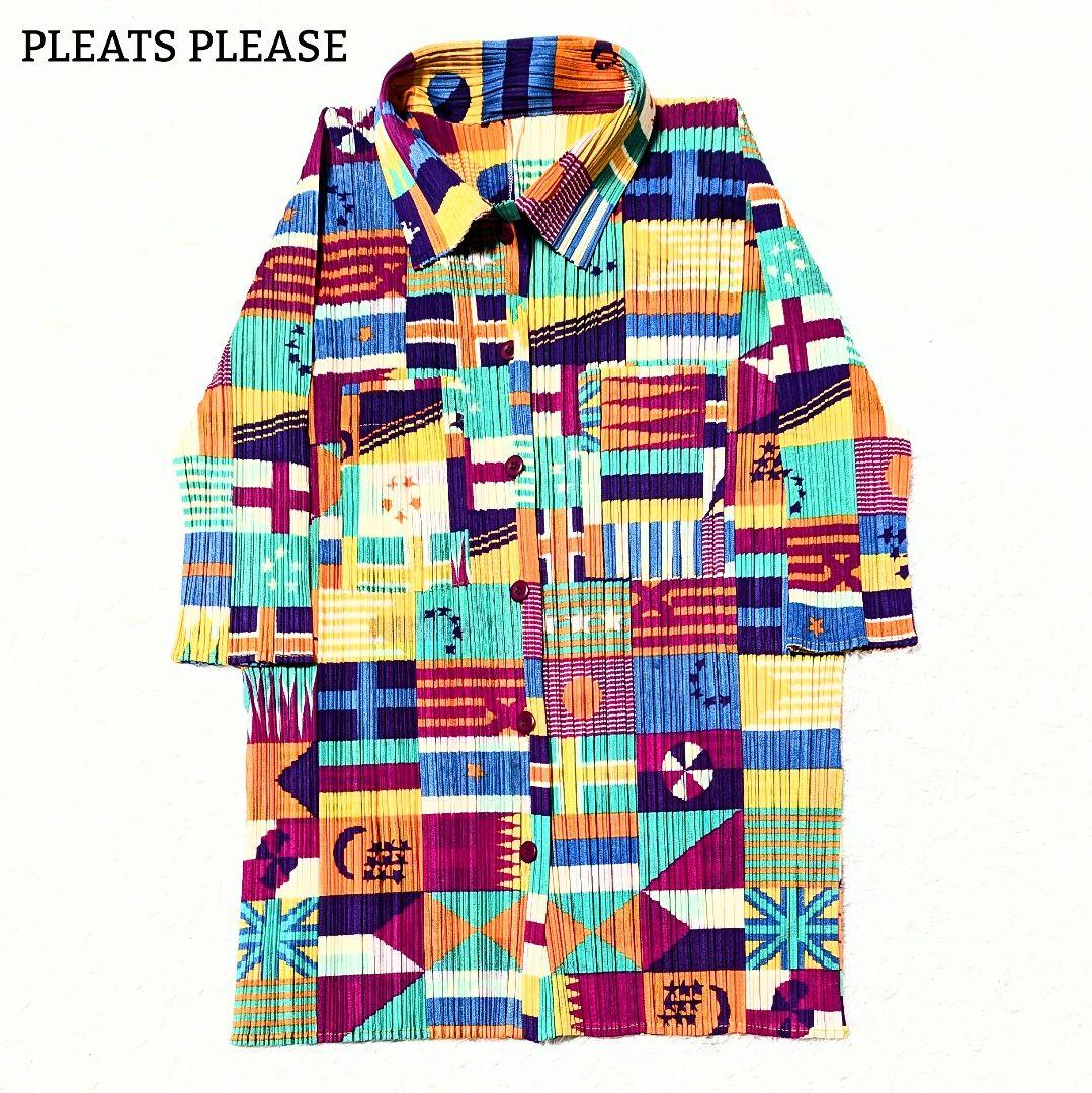 プリーツプリーズ 国旗 半袖ブラウス カットソー 洗える LL マルチカラー