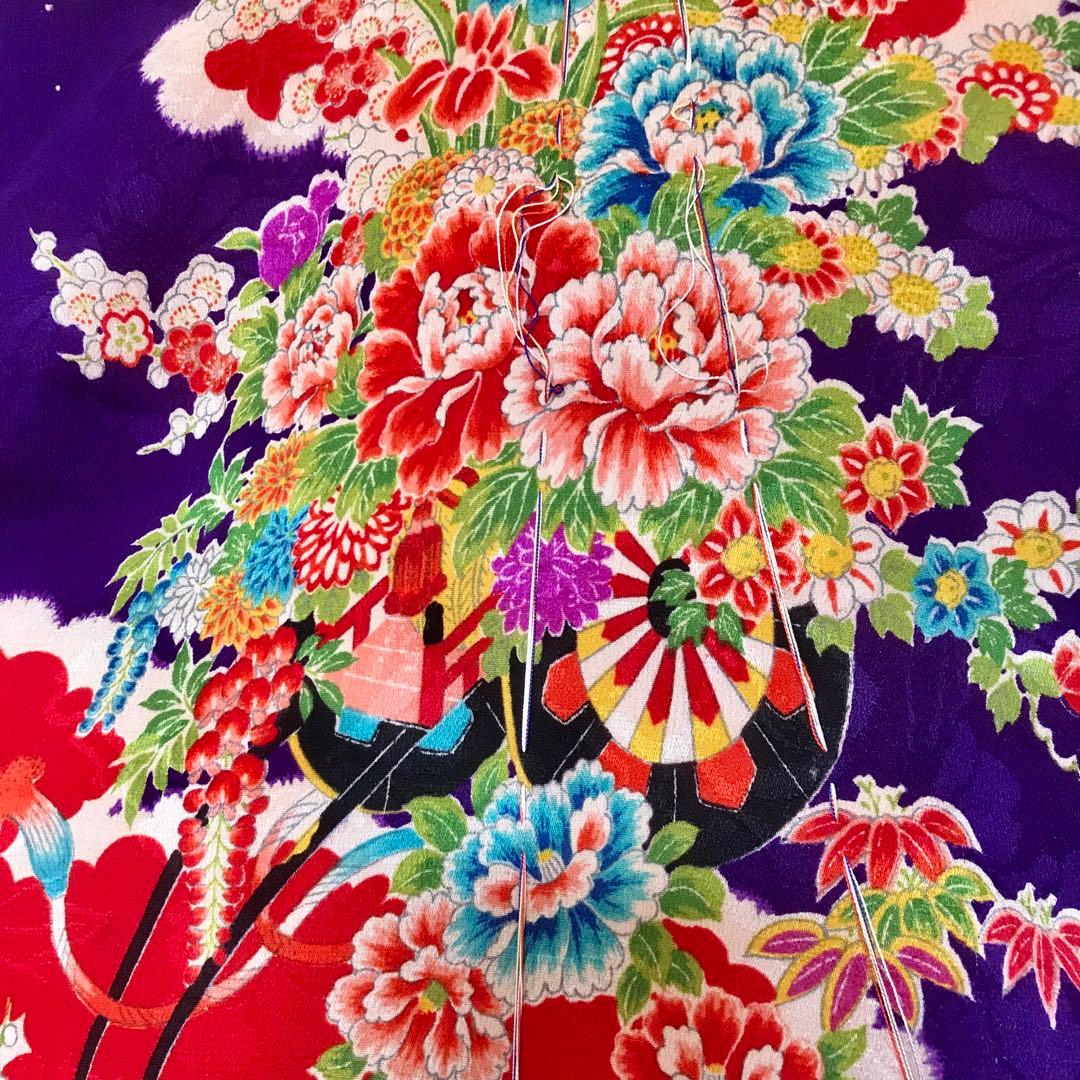 正絹 アンティーク着物 女の子 お宮参り 七五三 ◇紫 花車 扇 【美品】
