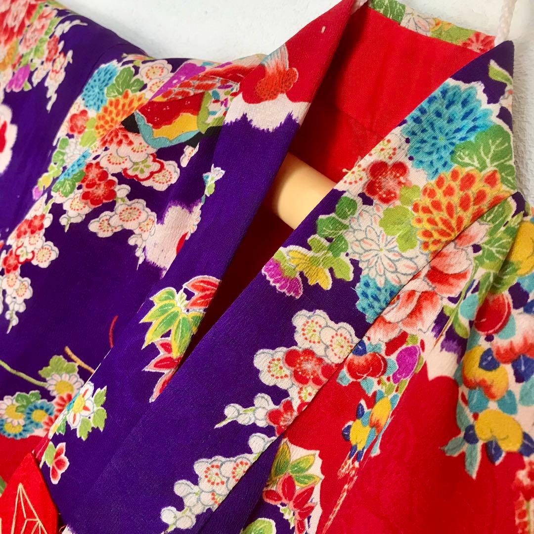 正絹 アンティーク着物 女の子 お宮参り 七五三 ◇紫 花車 扇 【美品】