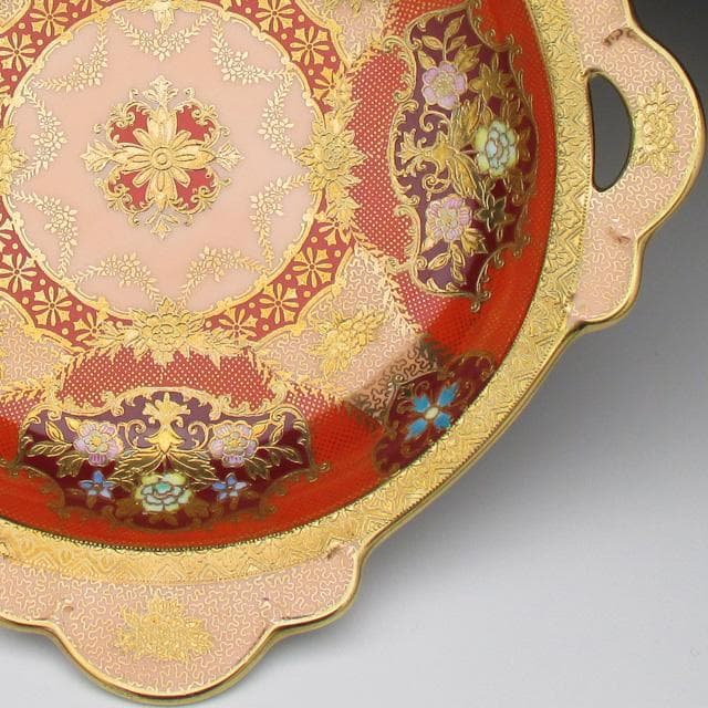 オールドノリタケ オレンジ色地金盛り花文 スクエアボウル 23cm