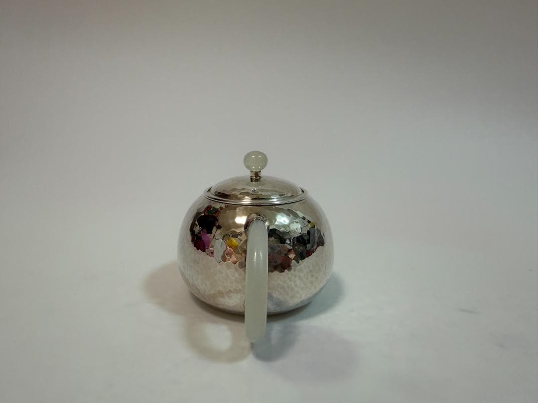 純銀製 丸形 玉石摘 鎚目紋 急須 銀瓶 煎茶道具