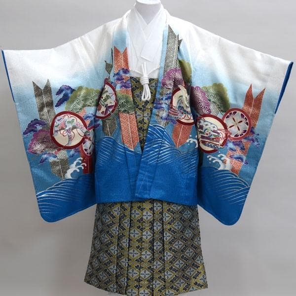七五三 五歳 男児 羽織袴フルセット 着物 豪華絢爛 紋袴 白×青 袴変更可能
