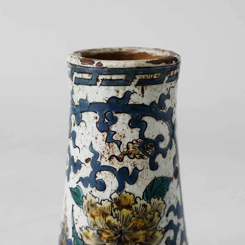 幕末明治 古陶 九谷焼 色絵 花唐草文 花入 花器 貫入 古美術 古道具 合箱