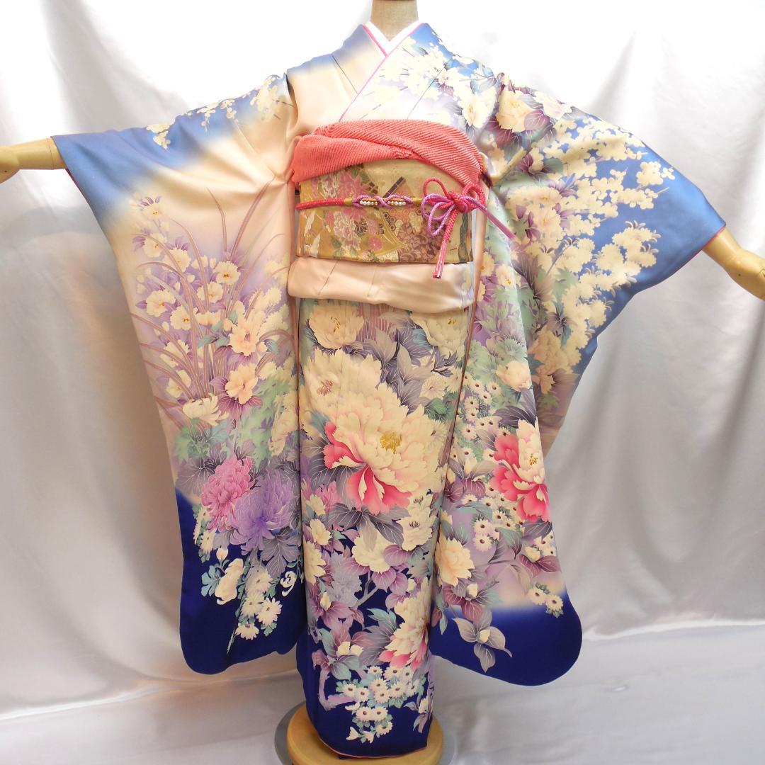 美品★振袖フルセット　正絹　成人式　振袖　7点セット　Mサイズ　水色　花柄