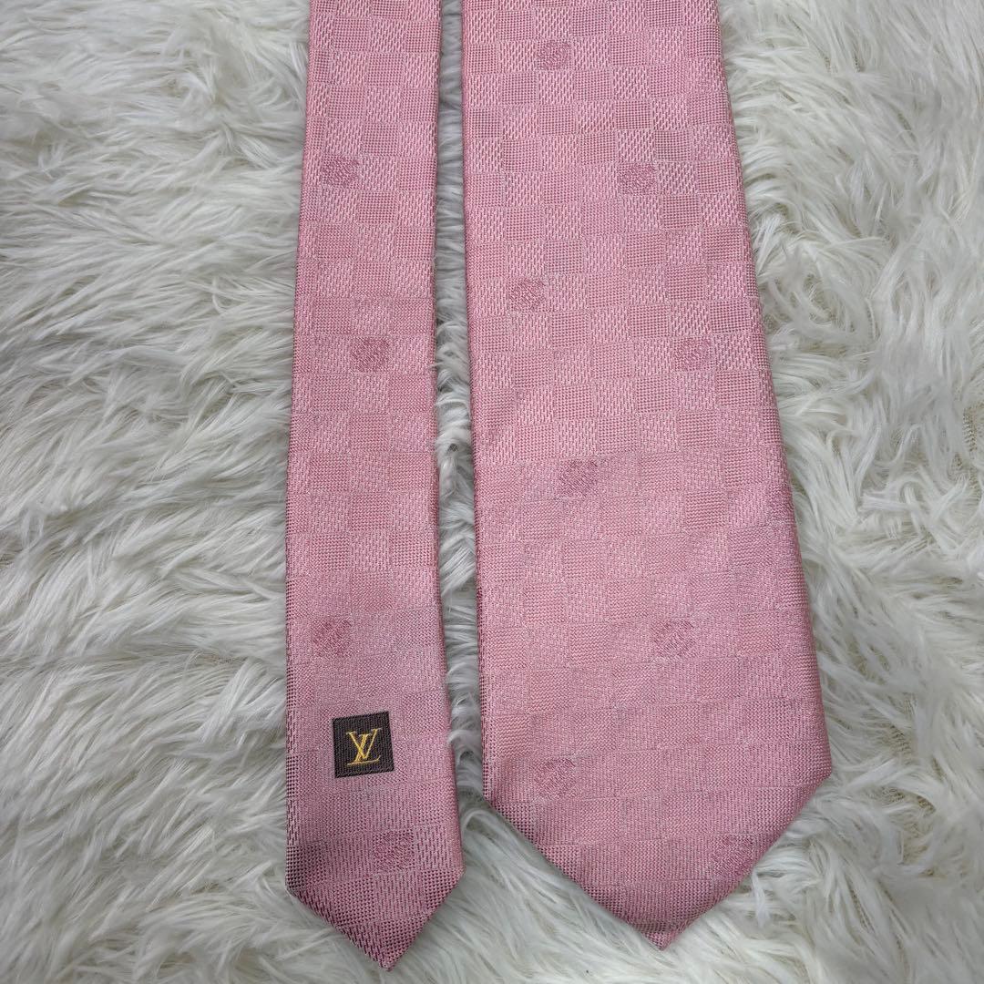 ルイヴィトン ダミエ 現行 チェック柄 シルク ネクタイ ピンク