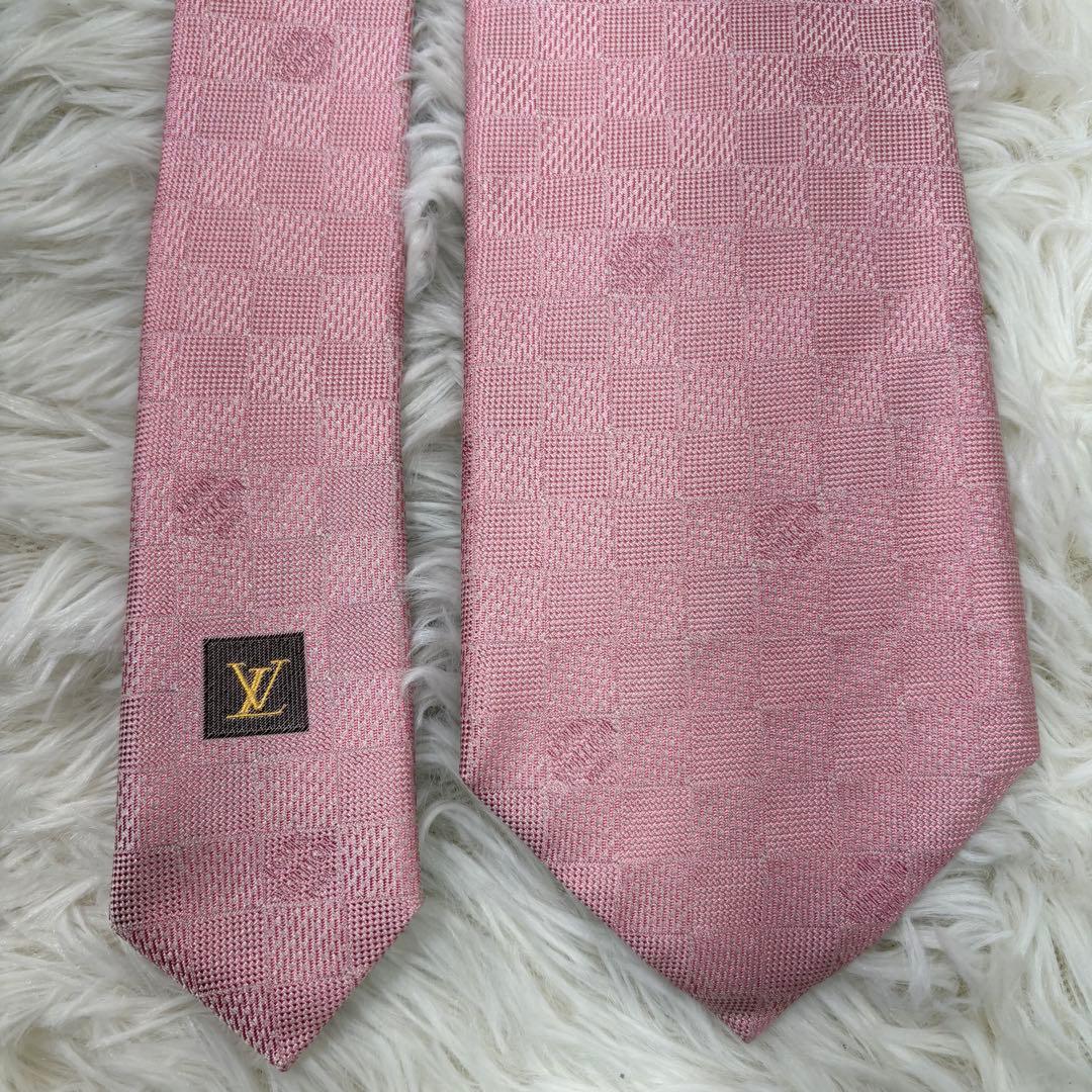 ルイヴィトン ダミエ 現行 チェック柄 シルク ネクタイ ピンク