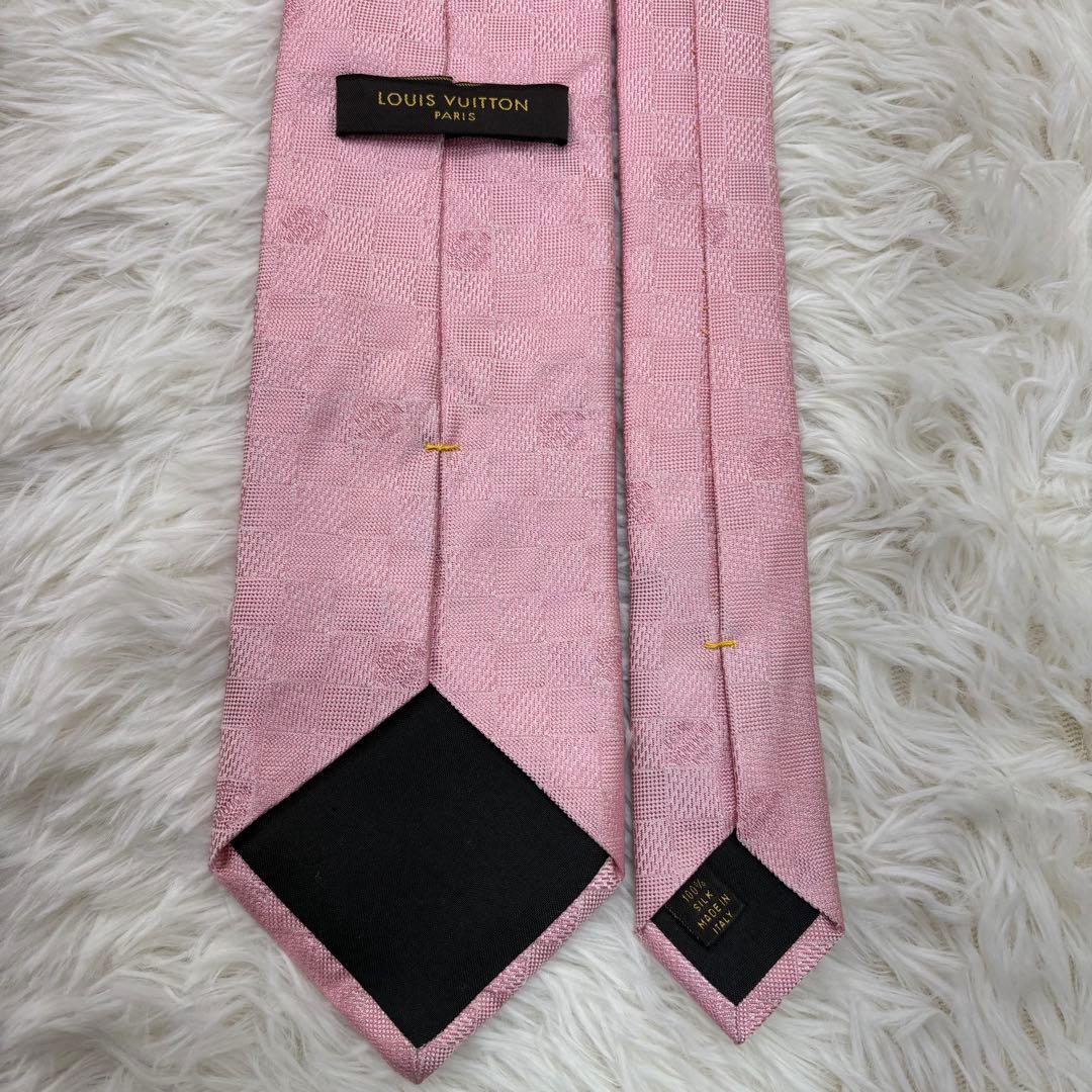 ルイヴィトン ダミエ 現行 チェック柄 シルク ネクタイ ピンク