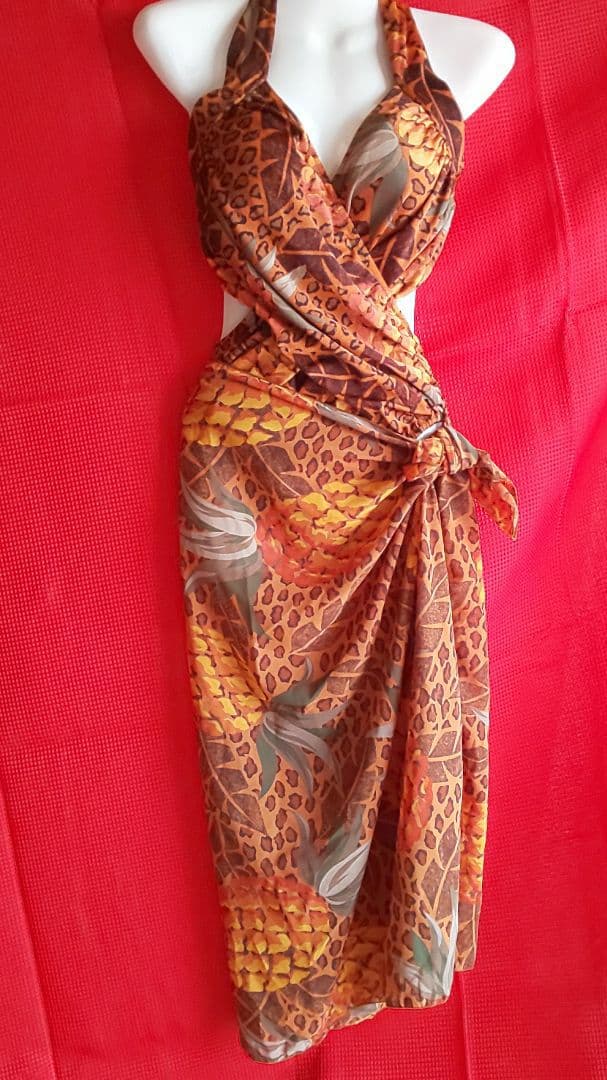 水着 ワンピース ハイレグ パレオ レオパード フルーツ ブラウン 体型カバー