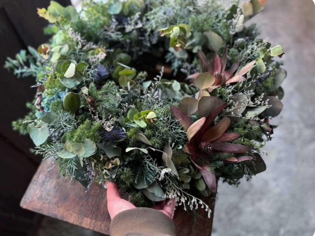 生花/直径50cm〜Christmasベル付き/特大グリーンリース/ドライ