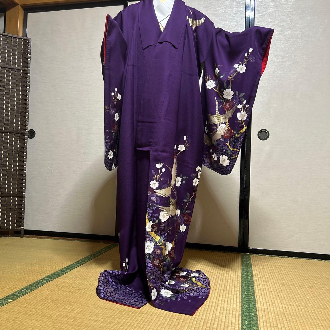 中古美品紫色の鶴と花の金彩友禅中振袖 と袋帯　長襦袢の3点セット