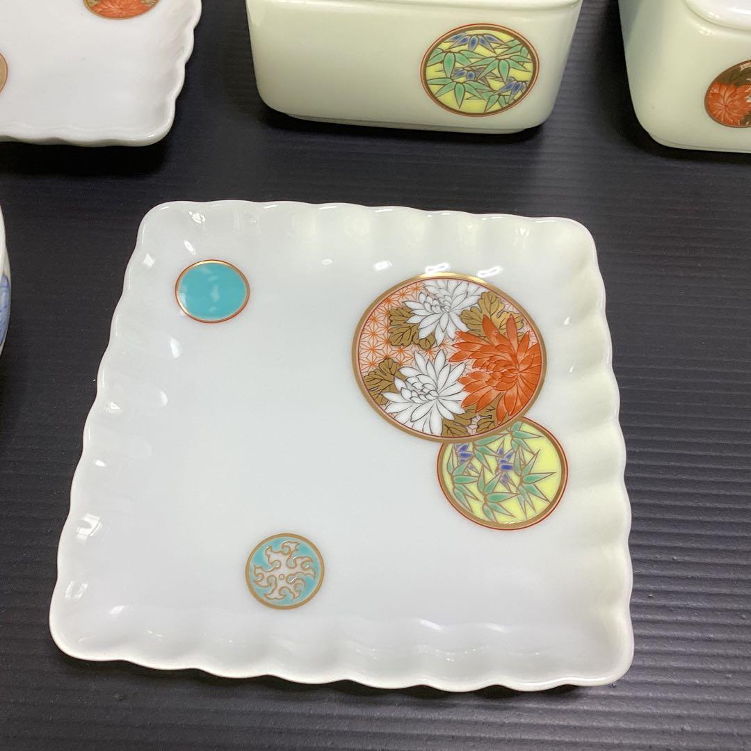 深川製磁　寿赤絵蓋付き角鉢 、小皿、赤絵 丸紋 湯呑み