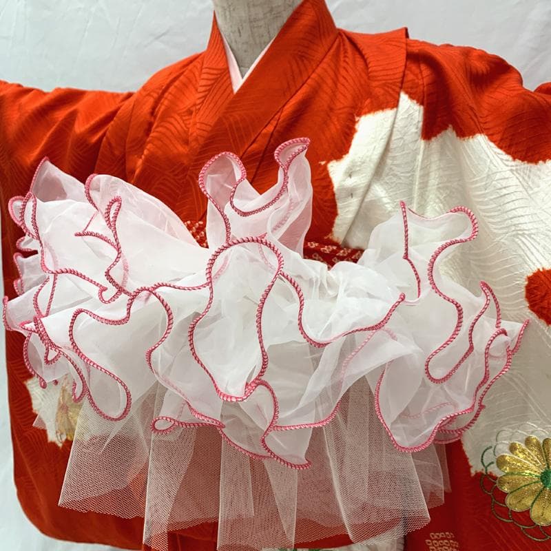 510ag30、帯揚げ□七五三 三歳 女児 着物&チュール帯&長襦袢 金駒刺繍□