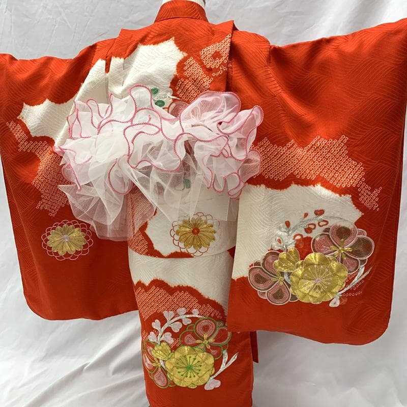 510ag30、帯揚げ□七五三 三歳 女児 着物&チュール帯&長襦袢 金駒刺繍□