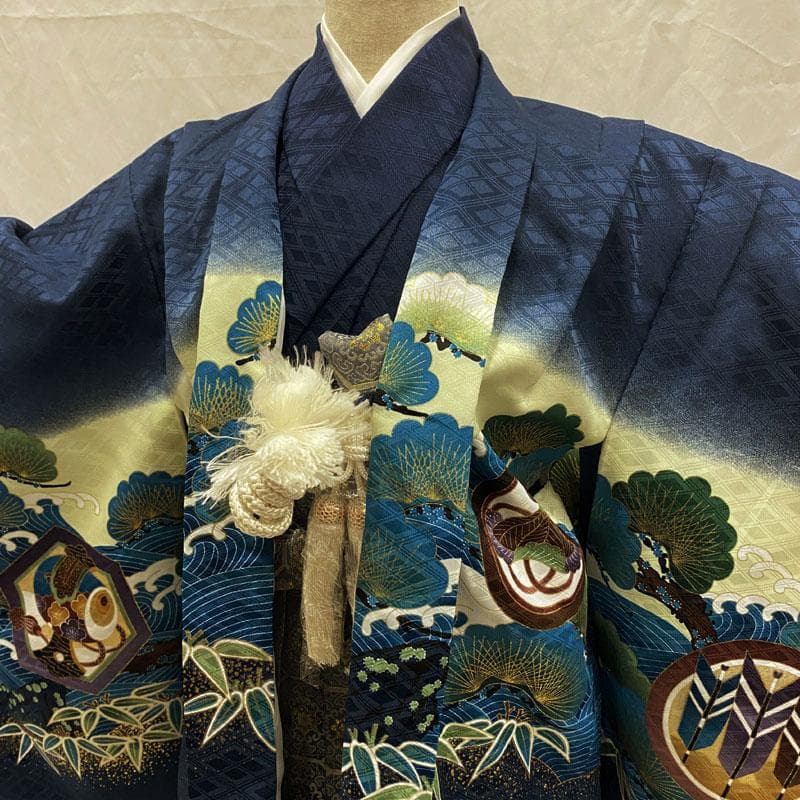 601ab53◎七五三 五歳 男児 着物&羽織&袴&角帯&長襦袢 淡鉄紺◎美品