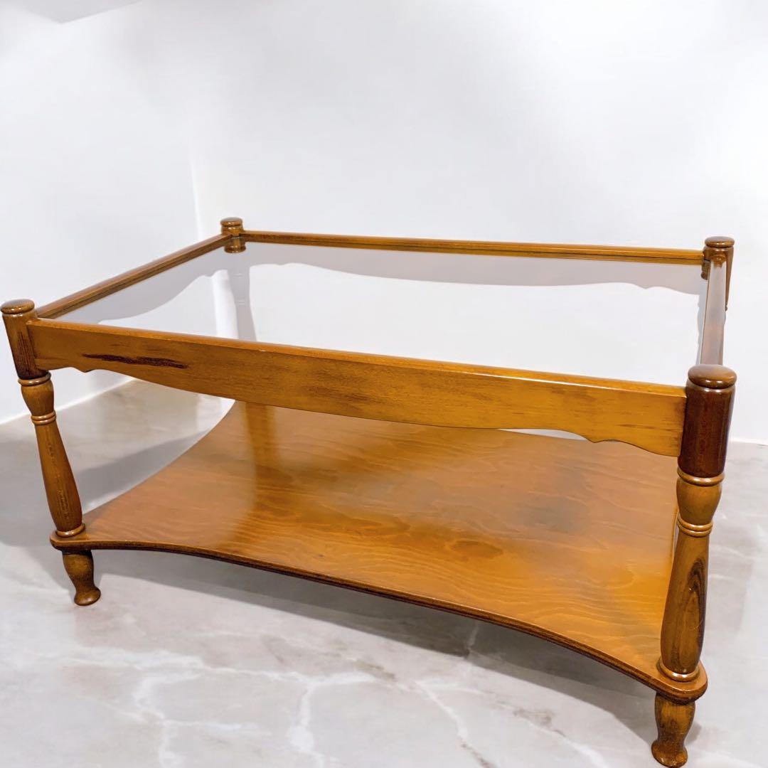 【稀少美品】アンティーク 木彫り ガラス ローテーブル 昭和レトロ