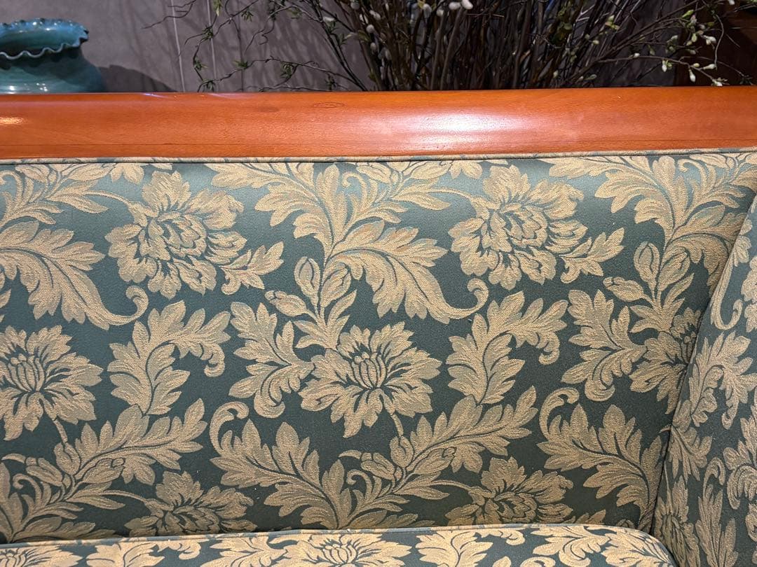 ① クラシック 3人掛けソファ 3Pソファ 花柄 グリーン ビンテージ nY