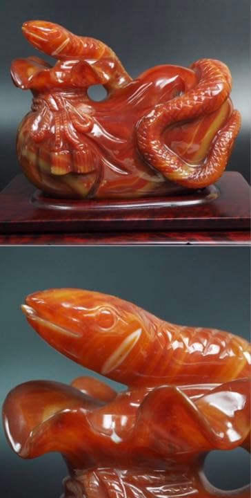 送料無料　名工土橋正市作　極上瑪瑙彫刻蛇置物 共箱・作歴・証明書　金運縁起物