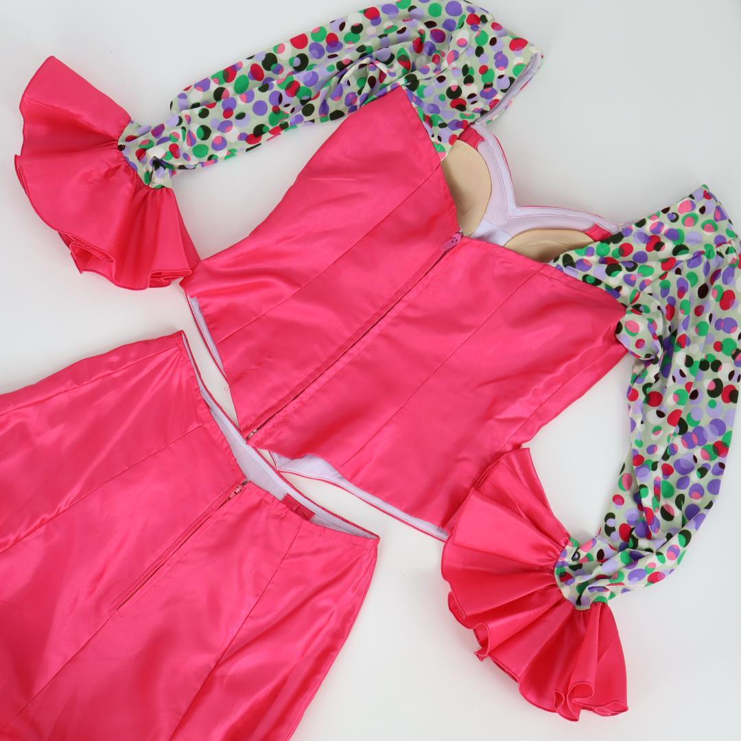 【美品 フラメンコ衣装】光沢ピンク×マルチカラー柄 ブラウス ファルダ スカート