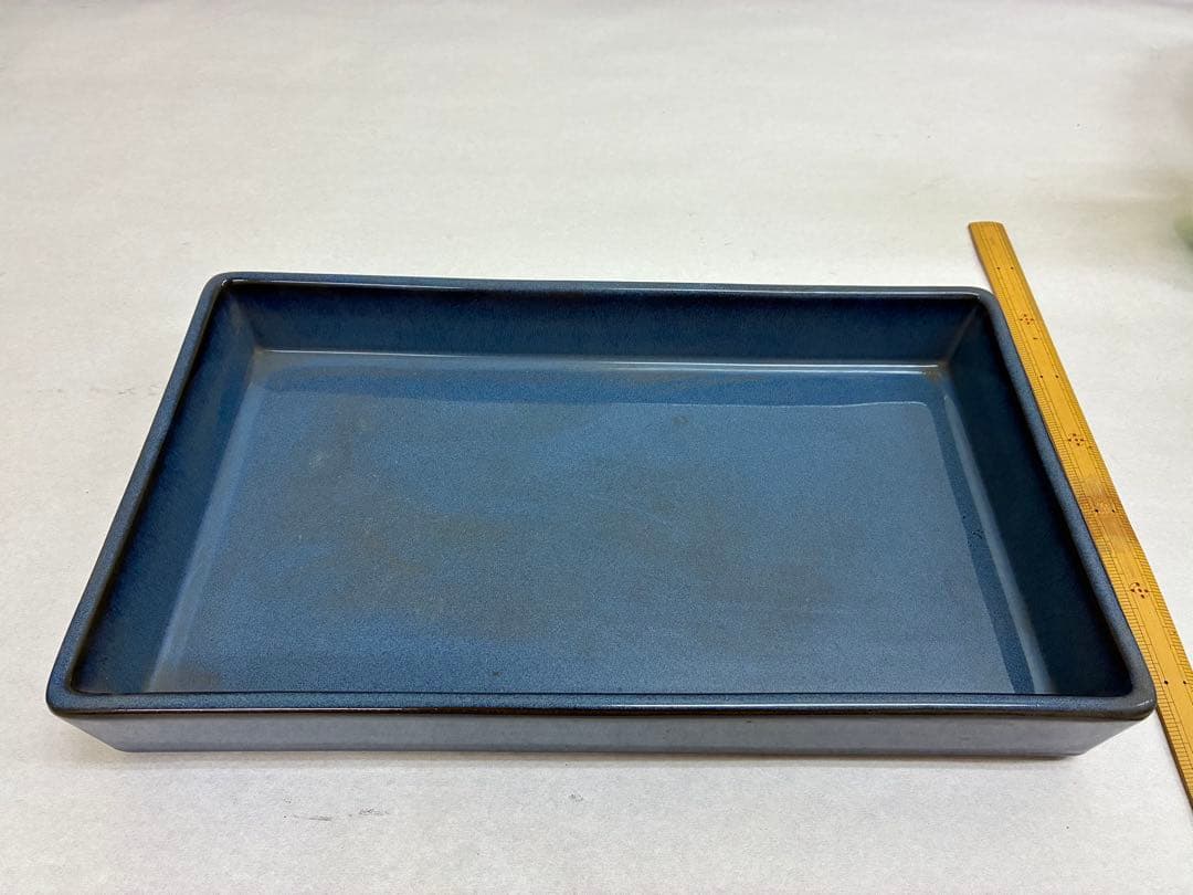 青い陶器製　水盤　花器　長方形