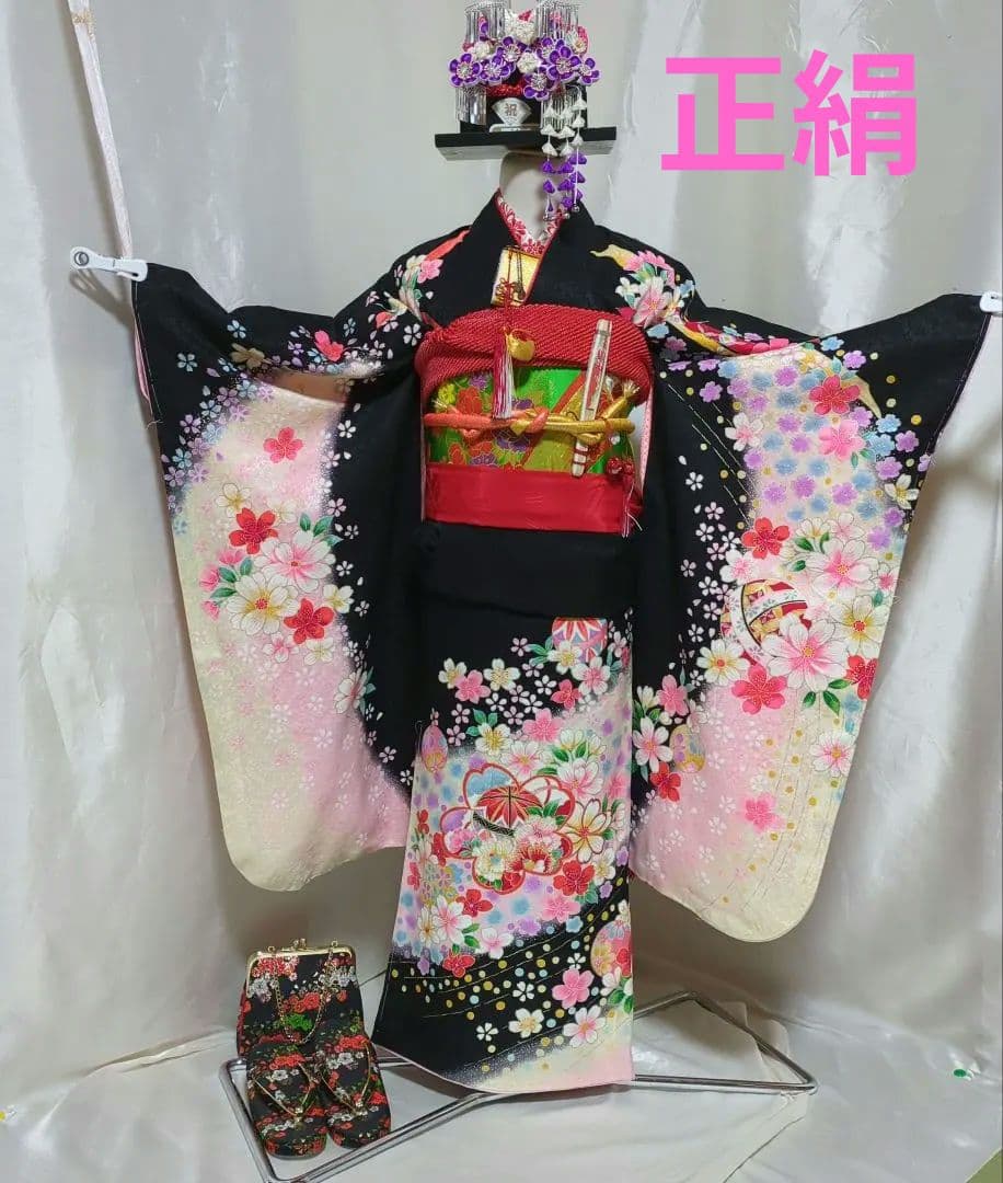 七五三７歳女の子 正絹躾付き着物と小物 フルセット　髪飾り付き