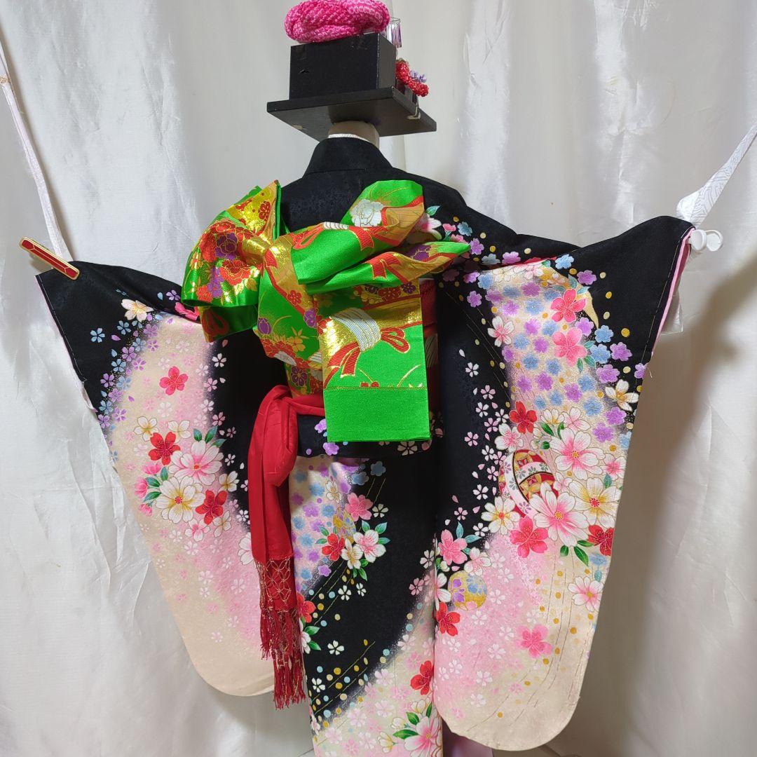 七五三７歳女の子 正絹躾付き着物と小物 フルセット　髪飾り付き
