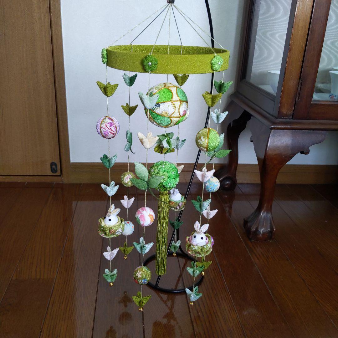 ちりめん細工　新緑の下げ飾り（傘飾り付き)　 あんゆか