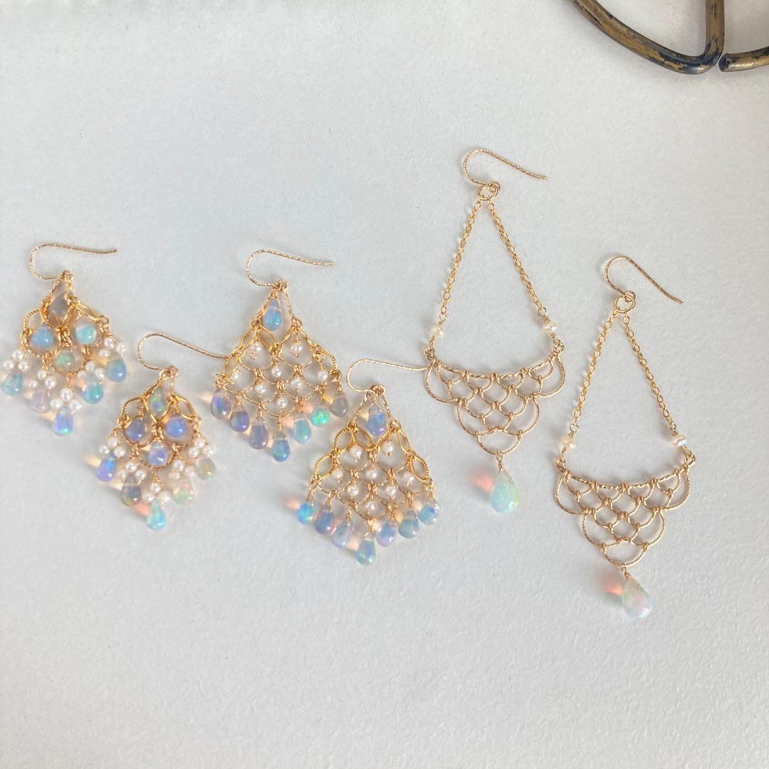 14kgf カラーオパールと淡水パールのシャンデリアピアス