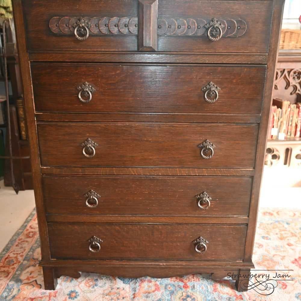 L3710-97 英国アンティーク オーク チェスト 5段 引き出し 収納 什器