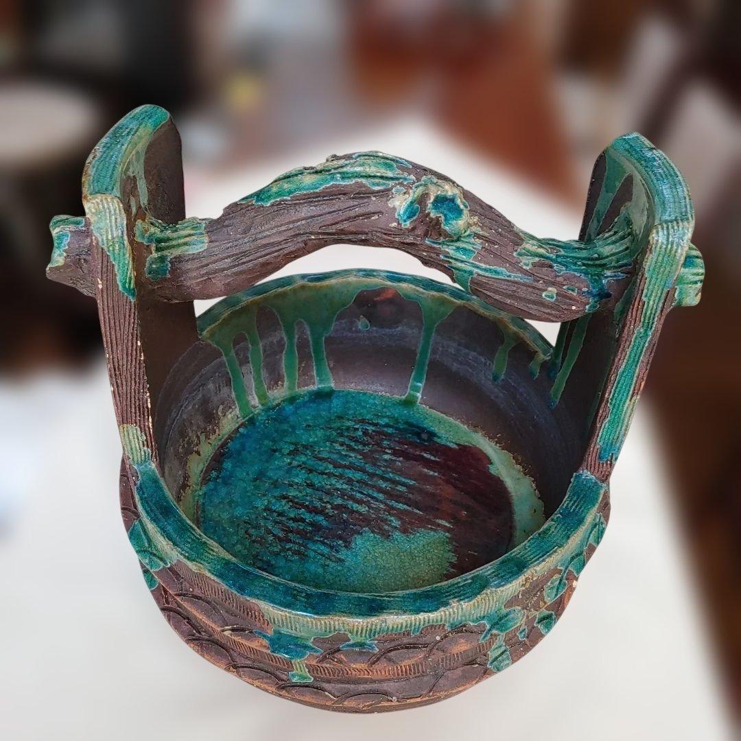 花器　置物　装飾品　手桶デザイン昭和ヴィンテージ　骨董品　益子焼