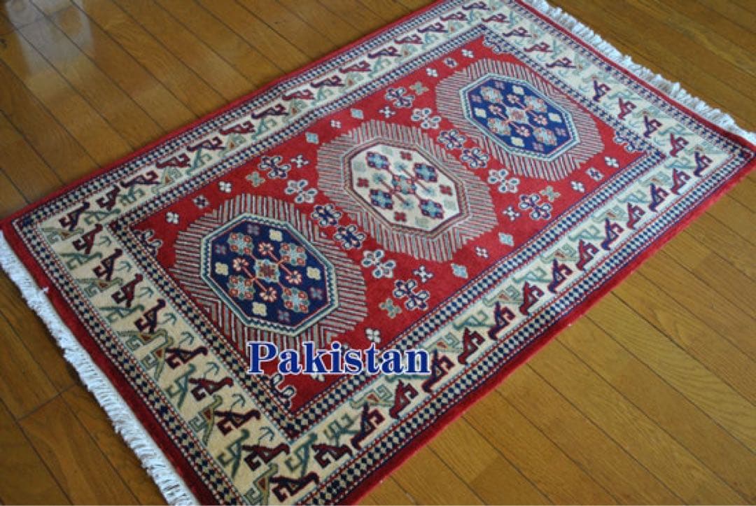 手織り パキスタン段通　ウールラグ 幾何学模様 赤