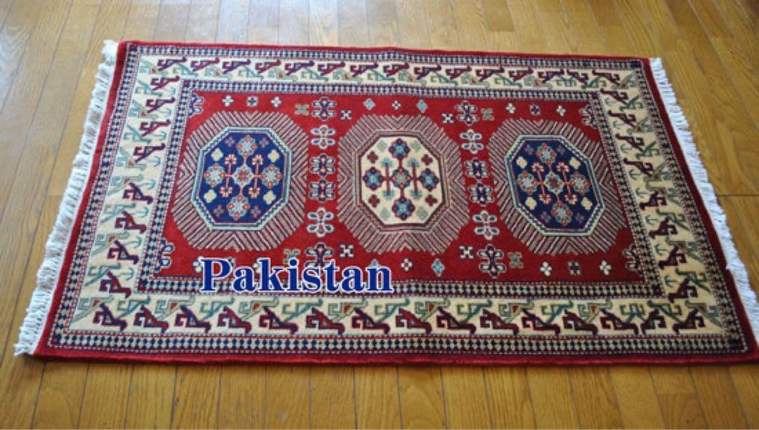 手織り パキスタン段通　ウールラグ 幾何学模様 赤