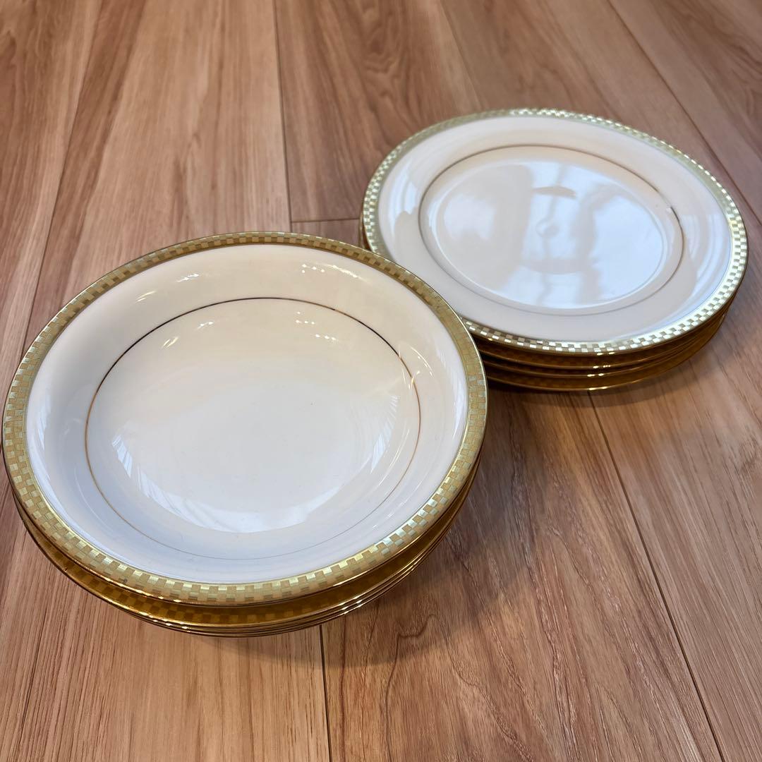 【美品】ノリタケ コンテンポラリー 金彩 格子柄 皿 8枚セット（各4客）