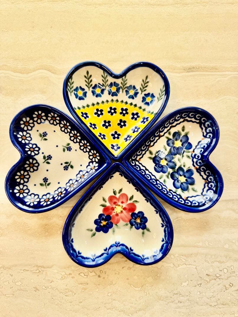 ポーリッシュポタリー 小皿 ハート型花柄皿4枚セット