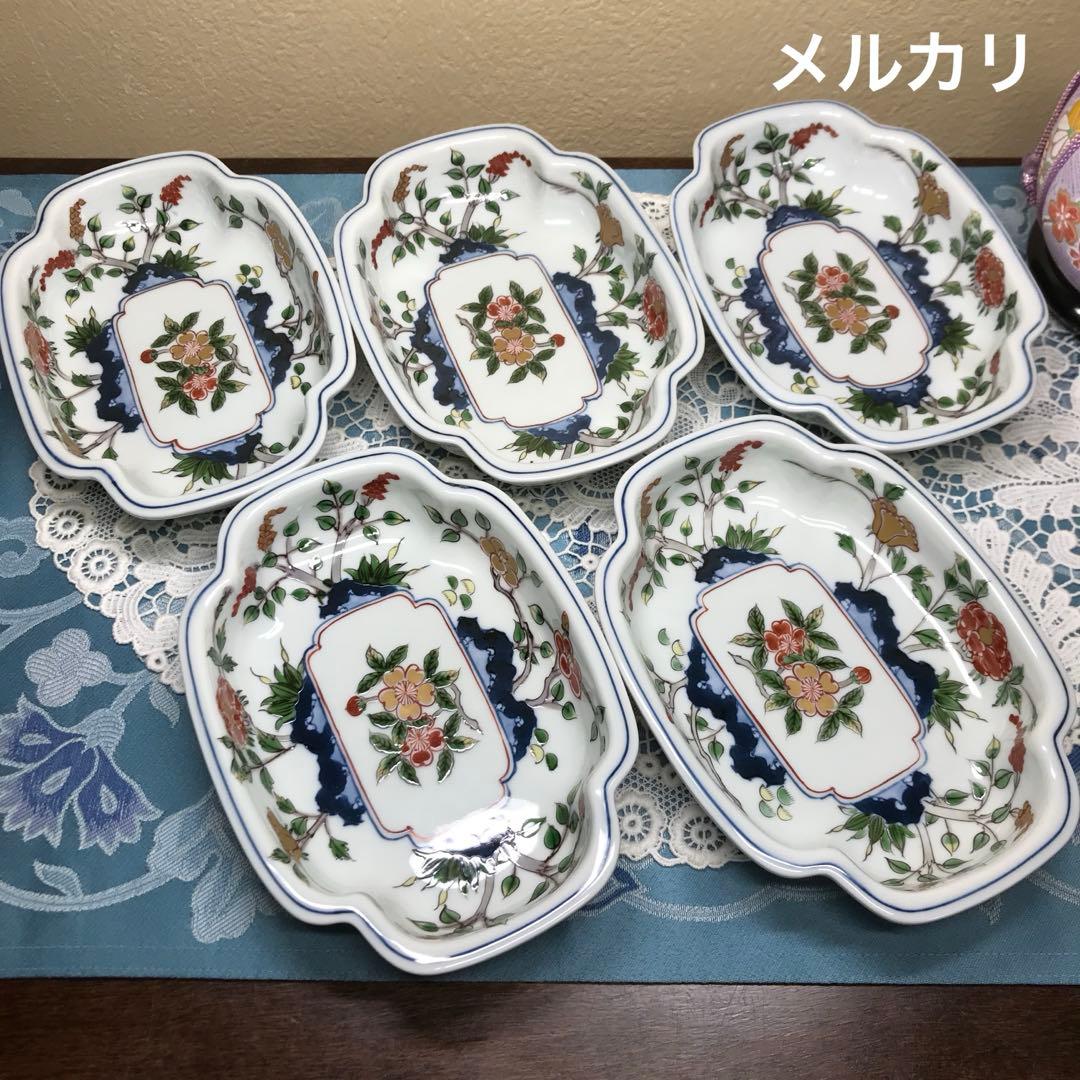 源右衛門窯　染錦草花文　深皿　向付　5客１セット　❀美品❀　ひなまつり