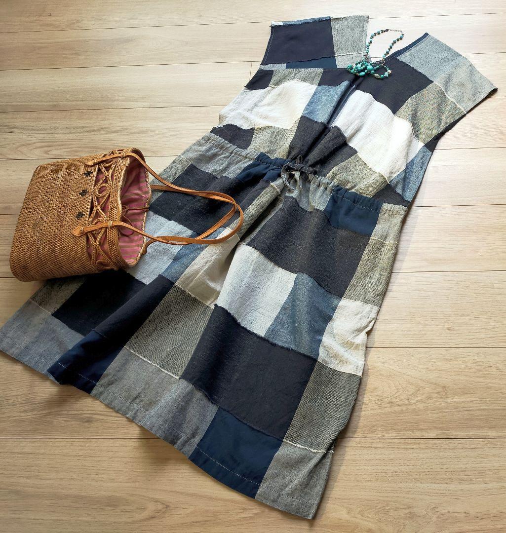 美品プランテーション　コットンリネン綿麻　チュニックパネルワンピース