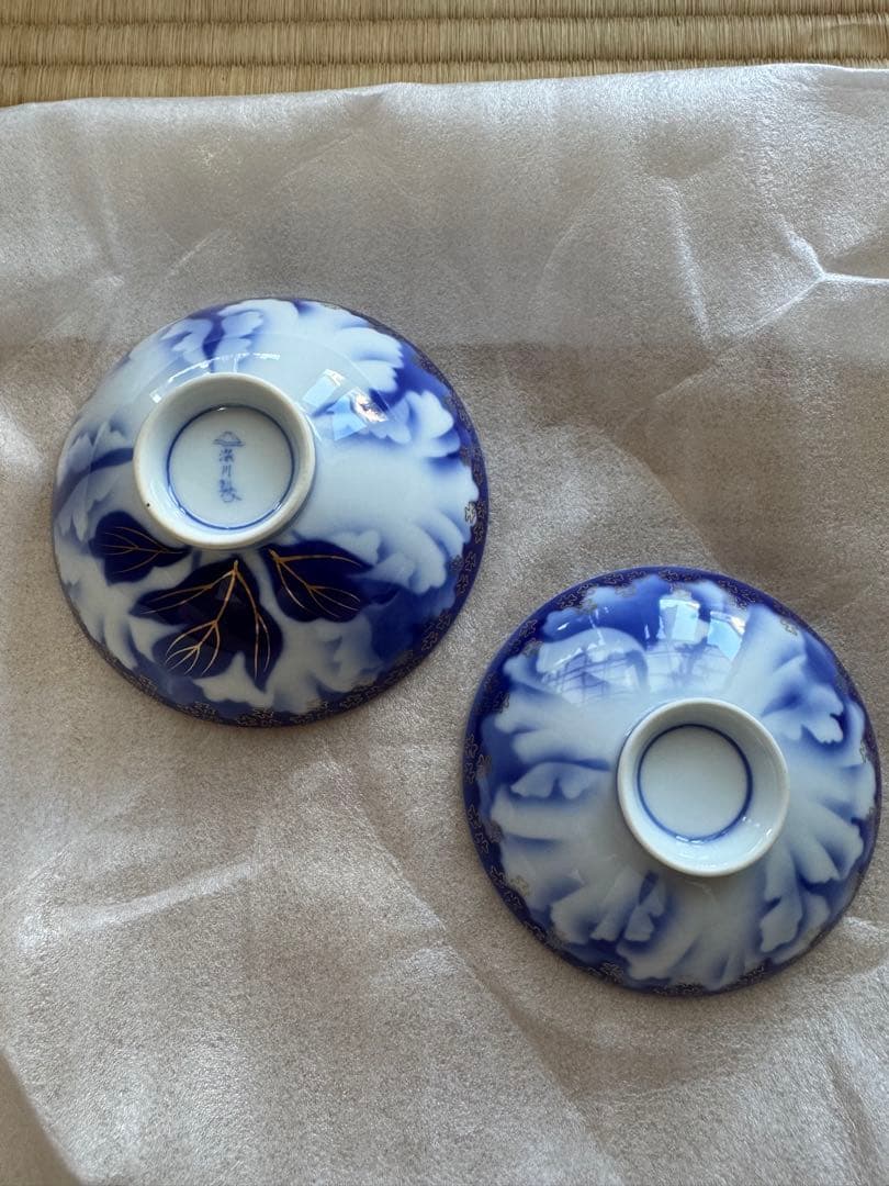 【新品未使用・箱付】深川製磁 染付金彩 蓋付き飯碗5客セット 有田焼 昭和期