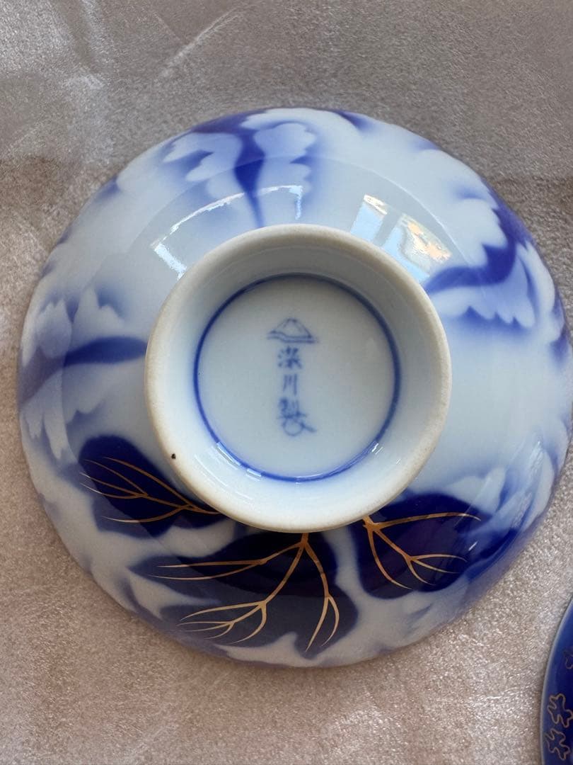 【新品未使用・箱付】深川製磁 染付金彩 蓋付き飯碗5客セット 有田焼 昭和期