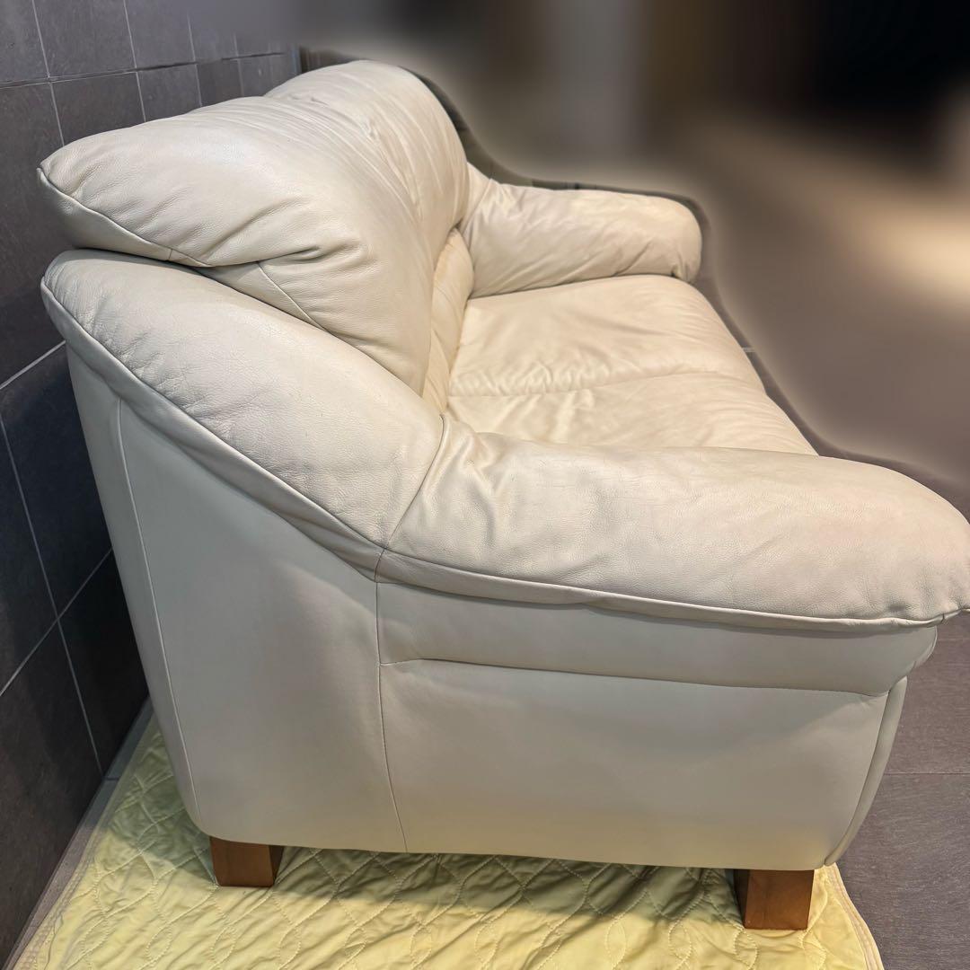 IDC大塚家具 廃盤 2人掛け 半革ソファ アイボリー