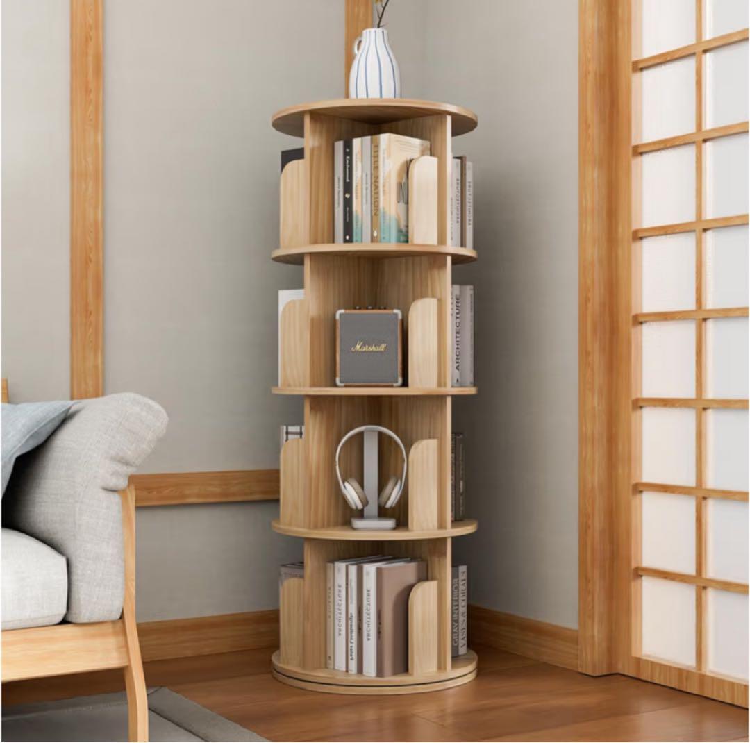 新品未使用　回転式本棚　4段　絵本棚　DVDラック　組み立て簡単　ナチュラル