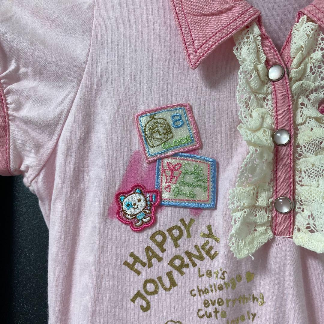 メゾピアノピンク 半袖ワンピース ハート刺繍