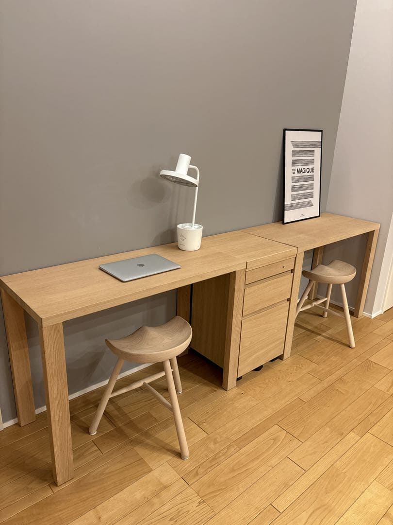 カリモク　木製デスク2台とワゴンの3点セット