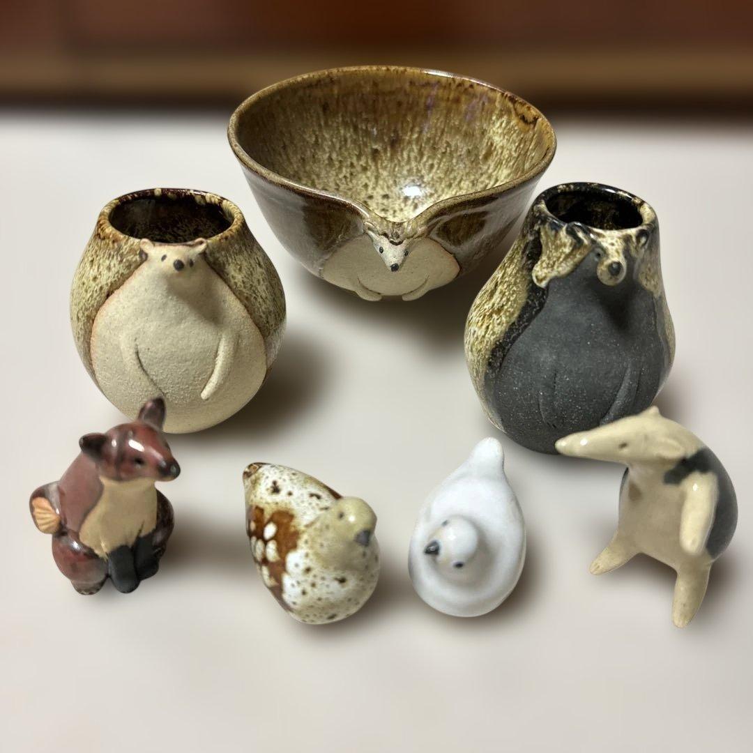 陶芸作家さん　ハリネズミお茶碗と一輪挿し、動物オブジェなど