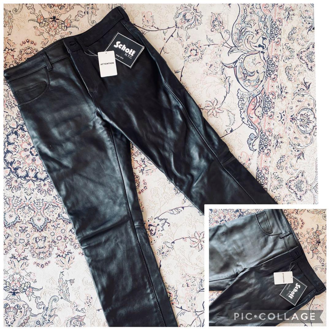 新品未使用Schottブラックレザーパンツ デッドストック 本革 ショットレザー