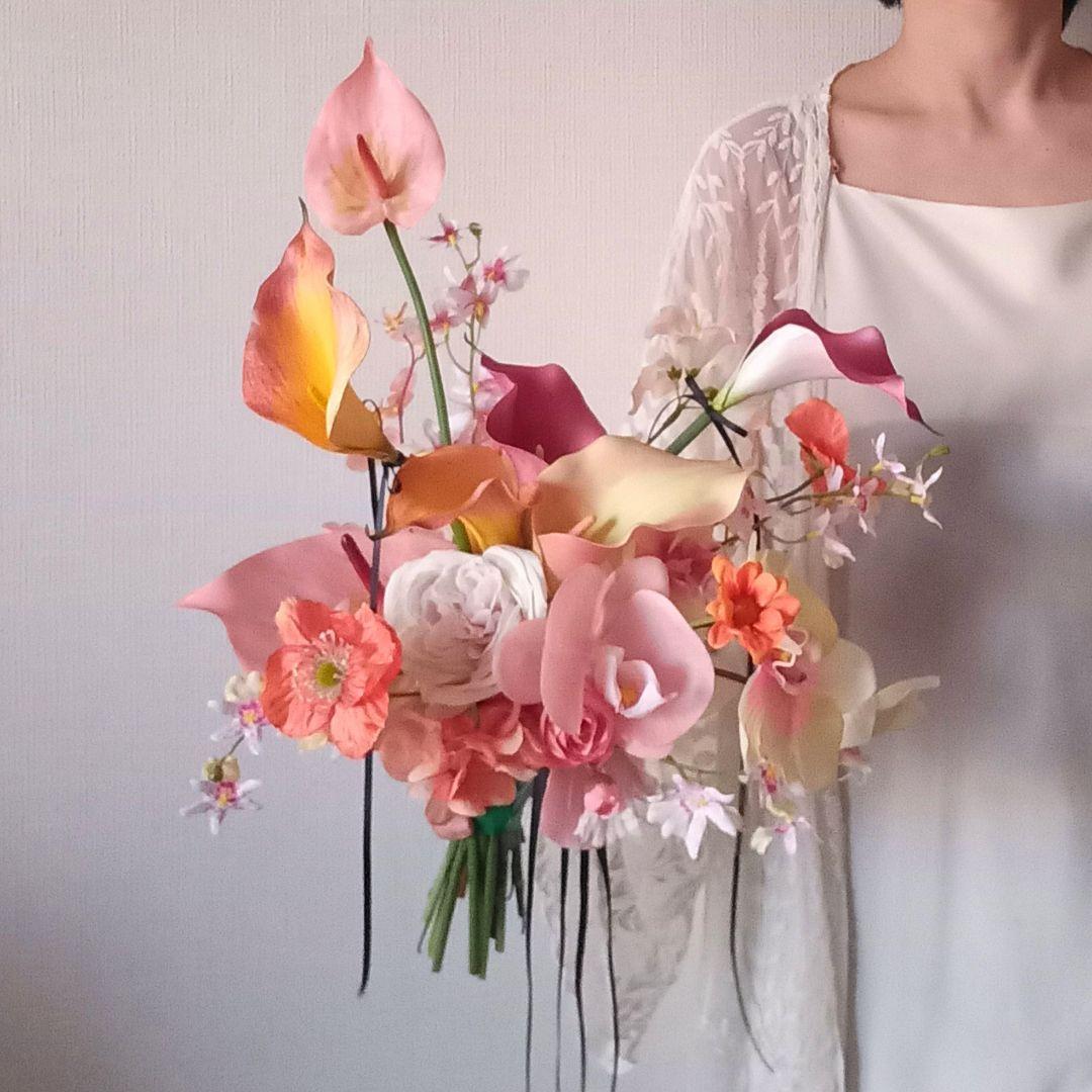 ピンク　オレンジ　イエロー　胡蝶蘭　カラー　アンスリウム　ウェディングブーケ造花