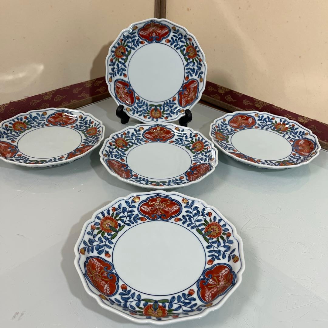 k,N❣️源右衛門　古伊万里錦唐花　銘々皿3枚　18センチ