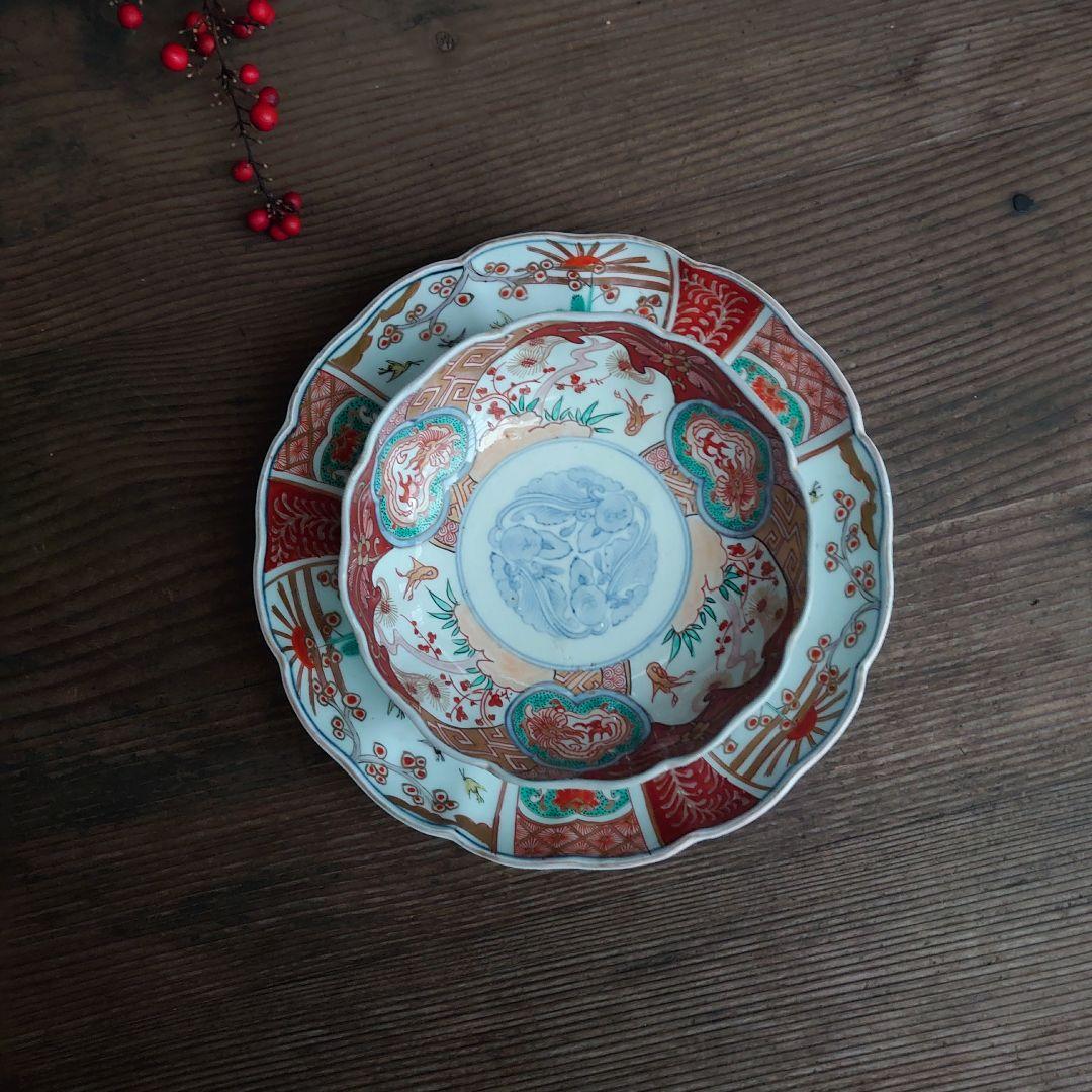 【ご成約】古伊万里 色絵金彩 花鳥図 花縁 5寸なます皿と骨董の器 おまとめ